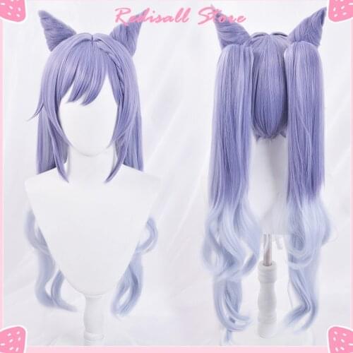 Genshin Impact Keqing Wig Cosplay Full Set Long Curly Ears Pigtails Heat Resistant Adult Women Halloween Role Play Free Cap