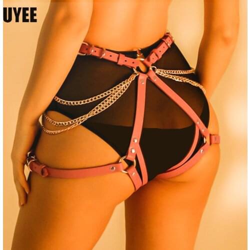 UYEE Sexy Women Leather Harness Pink Garter Belt Lingerie Waist Straps Bondage Body Thigh Harness Cage Gothic Chain Suspenders