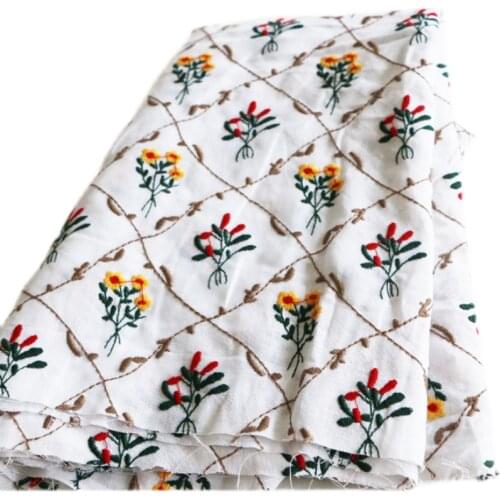 135cm Width INS Korea Style Green and White Floral Linen Embroidered Shirt Dress Fabric DIY