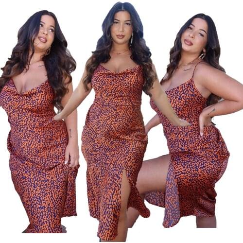 Summer New Womens Fashion Sexy Halter Strap Slit Noble Print Dress