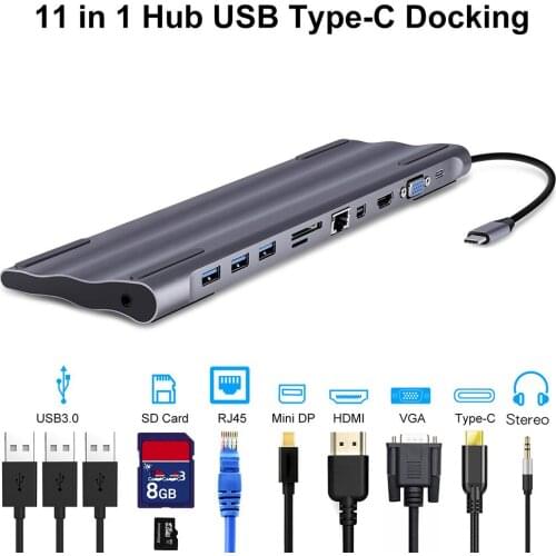 Portable Type-c Plug 11 In 1 USB3.0 Hub RJ45 HD VGA Converter 3.5mm Audio Adapter SD TF Memory Card Reader
