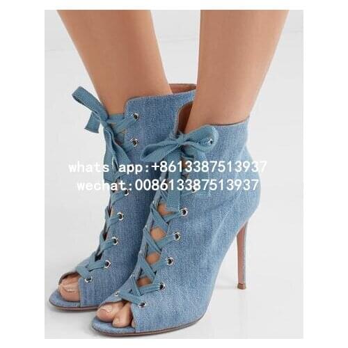 Drop Shipping 2017 New Fashion Women Denim Peep Toe Cuts Out Lace Up Front Thin Heels High Heel Dress Party Pumps Jeans Pumps