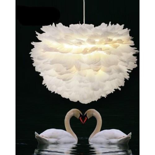 Romantic Modern White Nature Goose Feather Pendant Light Pink Red Gray Color Painted Cord Pendant Light for Bedroom Loft Kids
