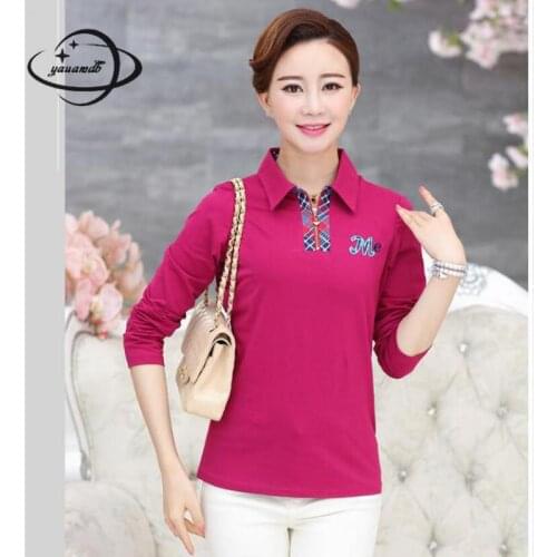 Slim Cotton Women Polo Shirt Spring Autumn Size L-4xl Ladies Long Sleeve Print Tee Female Zipper Turn-Down Collar Tops Y59