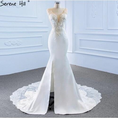Serene Hill White Mermaid Beading Wedding Dresses 2021 High-end Sleeveless Sexy Bridal Gown HM67184 Custom Made