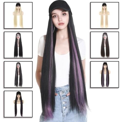 SARLA Hat Wig Long Synthetic Straight Blonde Grey pink Baseball Cap Hair Wig female Colorful 32inche HW05