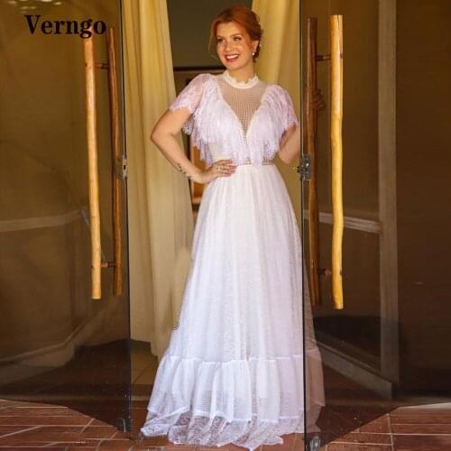 Verngo Boho Lace A Line Wedding Dress Modest High Neck Short Sleeves Dotted Floor Length Bridal Dresses Plus Size