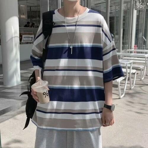 Striped Top Short-Sleeved T-Shirt British Style Summer New Loose Fashion Trendy Handsome Clothes Hip-Hop Casual Couple T-Shirt