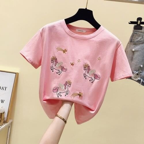 2021 Korean summer O neck embroidery pony Short Sleeves T Shirt Top Female Tshirt Loose Women Fashion Graphic T-Shirt y2k top