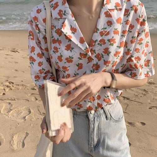 Women Floral Print Blouses Notched Casual Loose Short Sleeve Chiffon Blouse Shirt Vintage Sexy Shirt Tops Chic