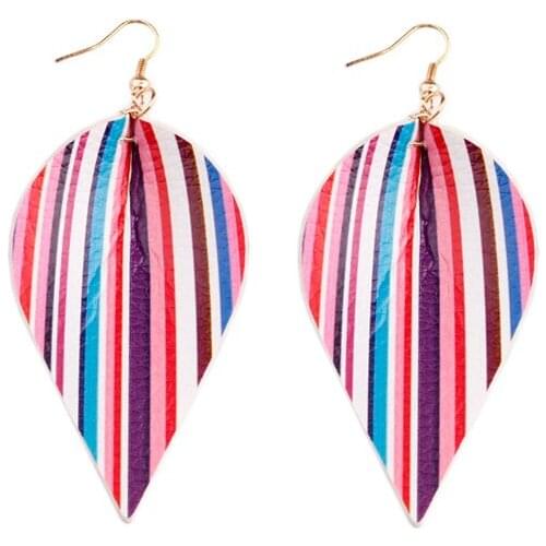 Colorful Vertical Stripe Leather Leaf Earrings for Women Rainbow Striped Leaf Leather Drop Earrings Jewelry Wholesale