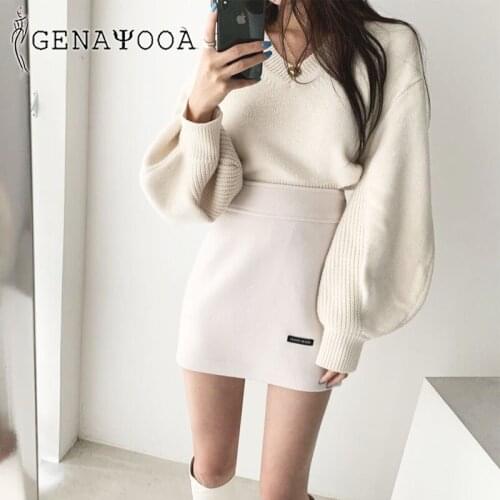 Genayooa V-neck Lantern Sleeve Sweater Women Streetwear 2020 Autumn Winter Korean Style Knitted Sweaters Pullover Jumper Chic