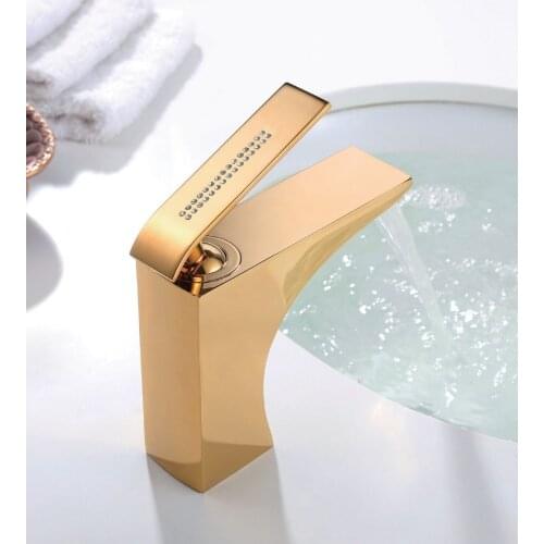 Gold Pvd solid brass Bathroom Sink square Faucet modern mixer tap deck mounted Crystal handle