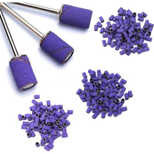 100pcs Purple Sanding Cap Bands For Electric Manicure Machine 180/120/80 Grit Nail Drill Grinding Bit Files Pedicure Tool Set