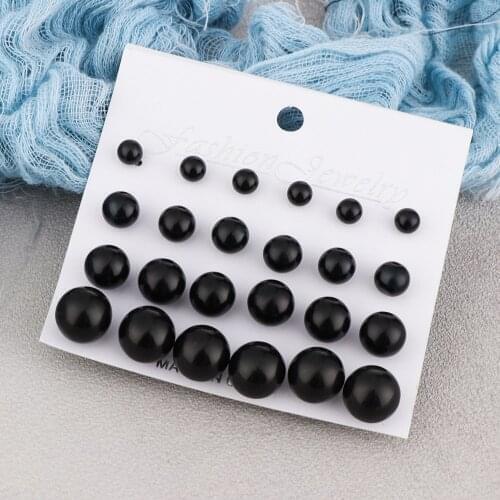 12 Pairs Women Jewelry On Ear Ball Stud Earrings kit Black Beige Simulated Pearl Earrings Set For Bijouteria brincos Bijoux