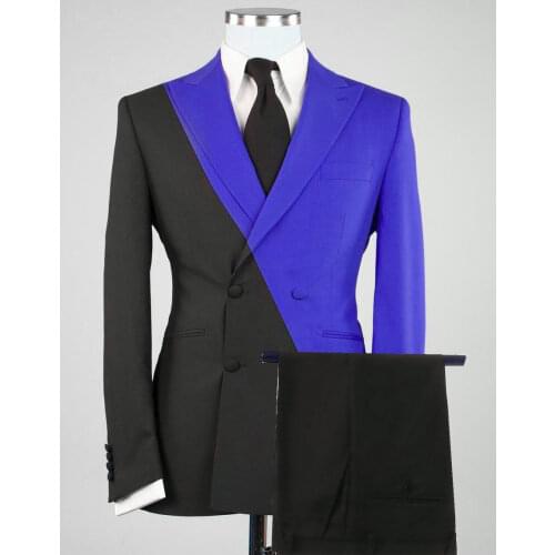2021 Fashion Double Breasted Slim Fit Black Royal Blue Men Suit Formal 2 Piece Tailor Made Men Suit For Groom Wedding Tuxedo