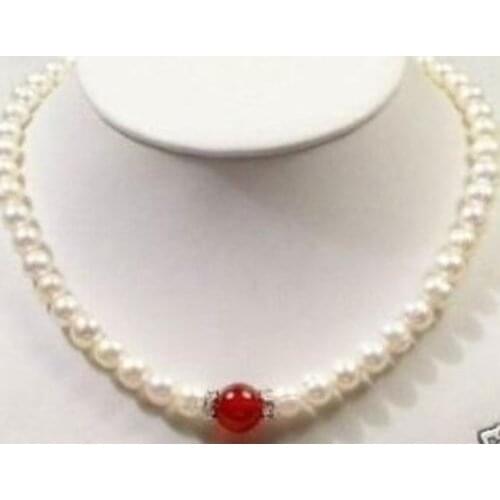 7-8mm Natural White Cultured Pearl /red Necklace 18"