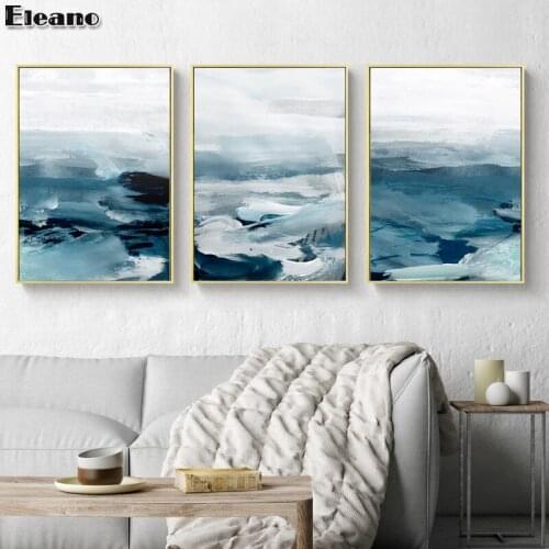 White and Lake Blue Oil Painting Color Block Abstract Seascape Picture Canvas Wall Art Decor Nordic Aesthetic Posters and Prints