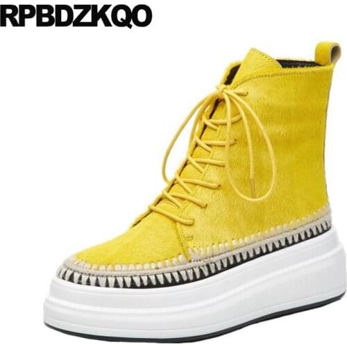 Military Muffin Flatform Fall Luxury Brand Shoes Women Platform Winter Combat Yellow Ankle Horsehair British Boots Lace Up Red
