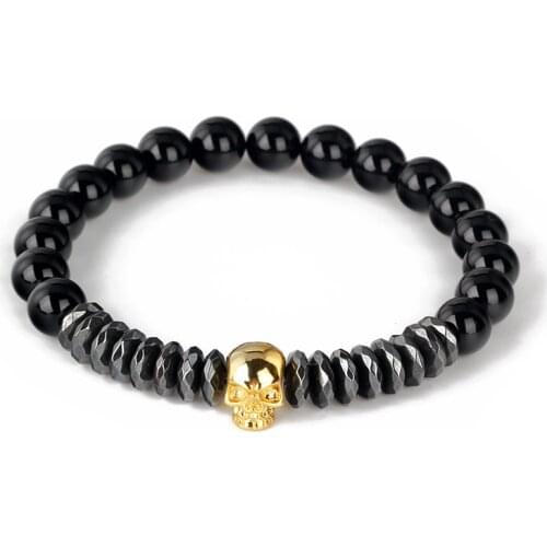 Skull Bracelet Fashion Strandard Men Women Bracelet High Quality Natural Black Matte Onyx Beads Jewelry BR002