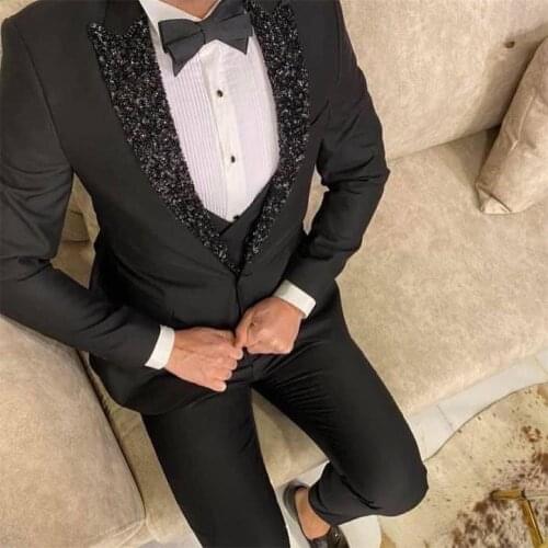 Black 3 Pcs Mens Suits with Sequins Beaded Peak Lapel Groom Wedding Wear Tuxedos Formal Prom Suits Jacket Vest Pants