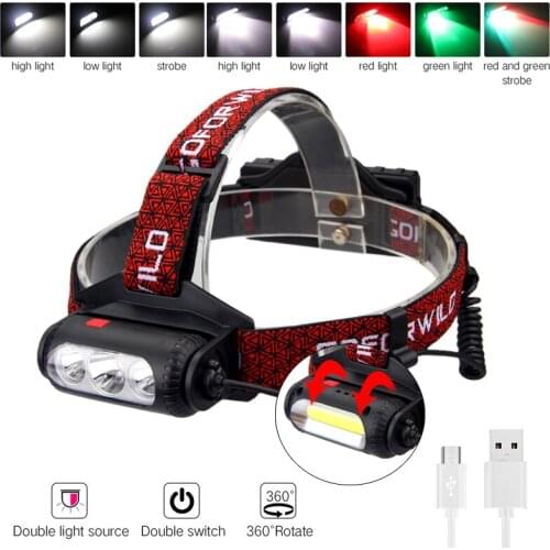 8 Modes 3 light sources double-sided head lamp Rechargeable T6 COB headlamp 360° rotating outdoor hunting riding headlight+18650