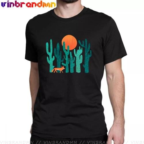 Fox in cactus forest T shirt Art Design Summer Mens Tee Tops Short Sleeve Cotton T Shirt Hombre Camiseta Novelty Brand Clothing