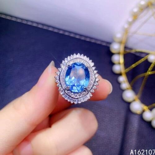 Fine Jewelry 925 Sterling Silver Inset With Natural Large Gemstone Womens Pop Classic Blue Topaz Adjustable Ring Support Detect