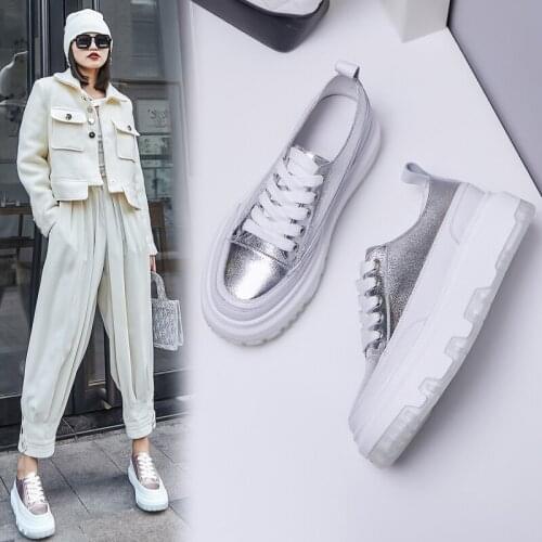 Casual Vulcanized Shoes Women Sheepskin Leather Flat Platform Loafers Shoe Lace Up Board Shoes Silver Student Sneakers Shoes