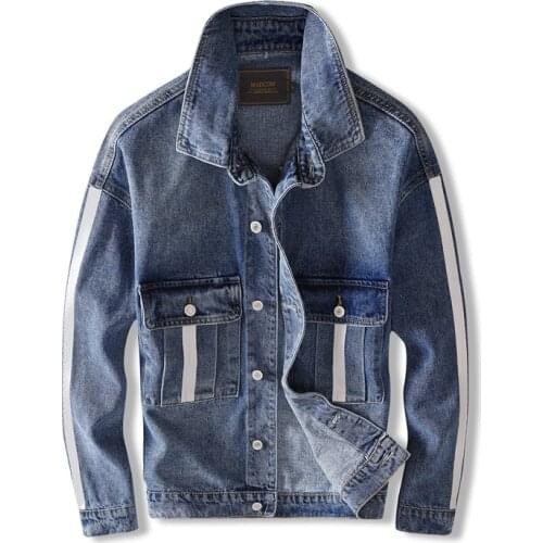 Japanese Vintage Fashion Mens Jackets Streetwear Retro Loose Blue Stripe Big Pocket Denim Jacket Men Hip Hop Coats Overalls