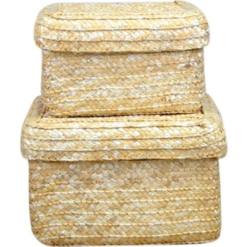 Square Handmade Straw Woven Storage Basket with Lid Organizer Storage Box Laundry Baskets Rattan Storage Flower Baske
