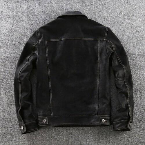 Mens fashion Gravel cowskin genuine denim style slim fit real coat men casual leather jacket male