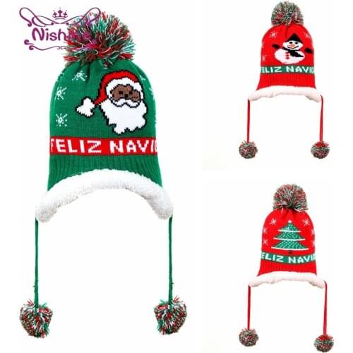 Nishine Knitted Cotton Baby Christmas Hat with Pompom Cartoon Infant Cap Print Santa Claus Kids Hat Children Gifts