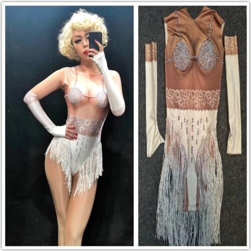 New Sexy Womens Leotard Fringed Nude Spandex Leotard Rhinestones Costume Staging Dancewear Singer Jumpsuit Pole Dance