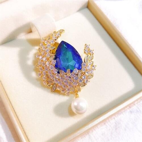 New Classic Blue Rhinestone Crystal Brooches for Women Teardrop Pendant Brooch Pin Bridal Wedding Jewelry Broach bijoux de luxe