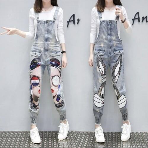 New Rompers Women Jumpsuit Beading Paillette Sequined Cartoon Rabbit Jumpsuits Woman Summer Casual Hole Ripped Denim Jeans Pant