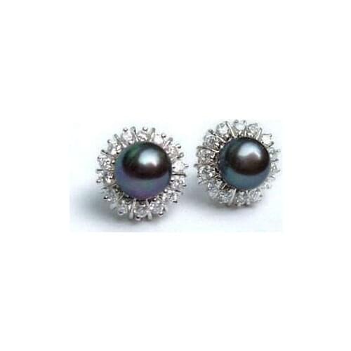 Wholesale good Hot sale 8-9mm Tahitian Black Natural Freshwater Pearl Earring Zircon inlaid 925 Stud Earrings