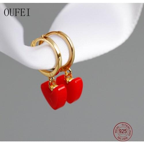 OUFEI 100%925 Sterling Silver Heart Drop Earrings Fashion Hoop Minimalist Simple Earrings For Women Lovely Girl Jewelry