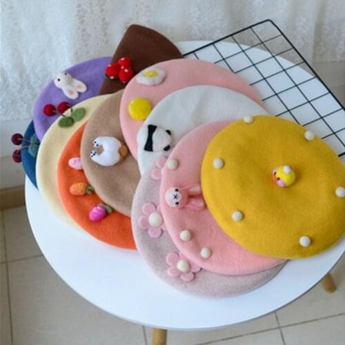 Handmade custom wool felt woolen beret hat autumn and winter women cartoon animal flower shape cute painter hat beanie hat