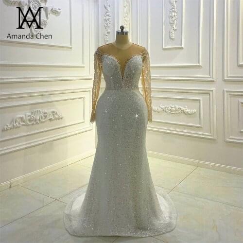 Robes de mariage Long Sleeve Pearls Handwork Low Cut Wedding Dress
