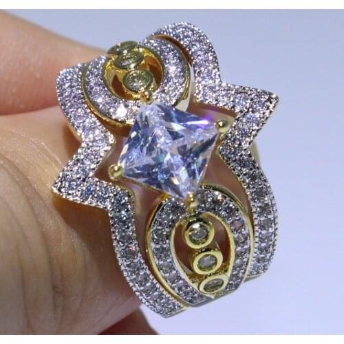 Unique Drop Shipping Vintage Fashion Jewelry 925 Silver&Gold Fill Princess Cut 5A Zirconia CZ Office Women Wedding Owl Band Ring