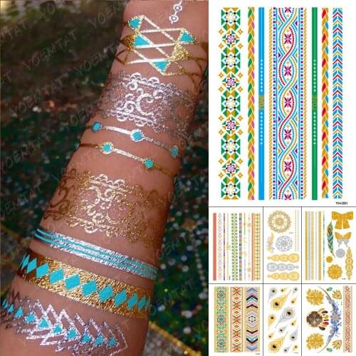 Waterproof Temporary Tattoo Sticker Metal Gold Silver Blue Mandala Bracelet Jewelry Flash Tatto Women Henna Body Art Fake Tatoo