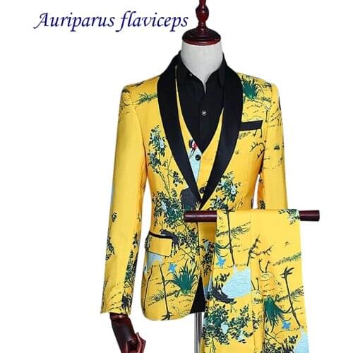 Yellow Groom Tuxedos Tailor Groomsman Animal Print Man Suit Dinner Suit Printed Suit Blazer for Wedding Suit(Jacket+pants+vest