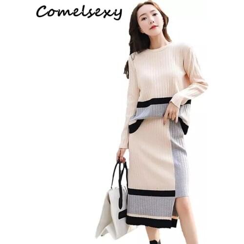 New Winter Women Knitted Sweater 2 Piece Set Office Lady Long Sleeve Knitted Tops + Hem Asymmetric Pencil Skirt Female Suit Set
