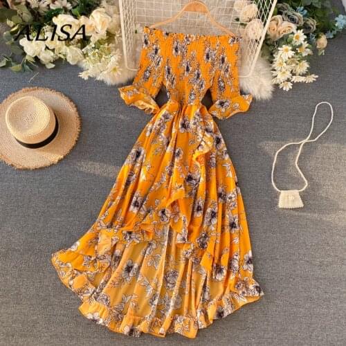Women Beach Midi Dress Summer Fashion Off Shoulder Irregular Ruffled Sexy Dresses Ladies Elegant Floral Printing Boho Long Robe