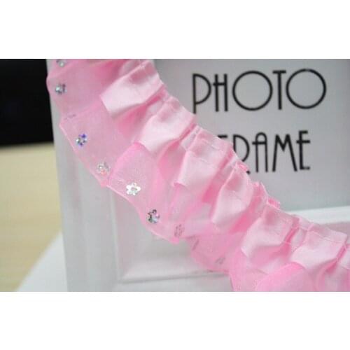 Free shipping 15meter /lot 4cm wide lace decoration pleated lace trims, pink and blue diy lace ribbons lace accessary