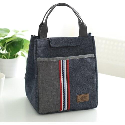 British Style Oxford Cloth Picnic Bag Dark Blue Striped Insulated Lunch Bag Portable Kids School Tote Bag Drink Food Container