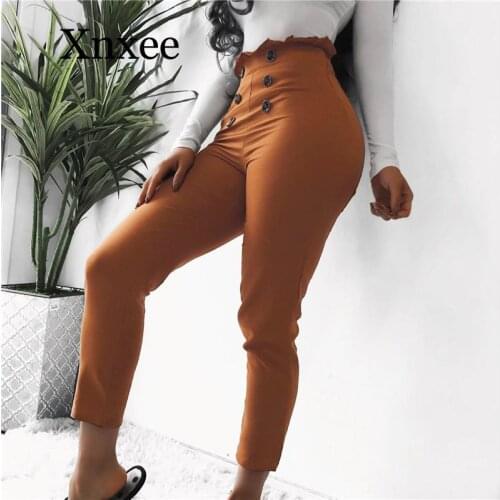 Women Pencil Pant Ruffled Button Decor Elastic High Waist Solid Color Pant Ladies Spring Autumn Slim Hip Long Trouser Streetwear
