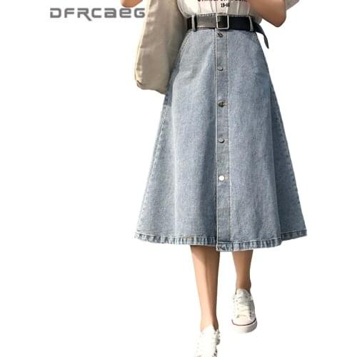 Elegant Mid-Long Single Button Woman Denim Skirts With Belt 2021 Hight Waist Streetwear Jeans A-Line Skirt Female Retro Saias