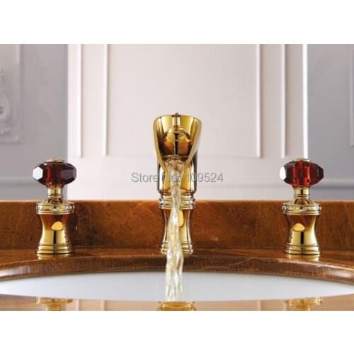 EMS(DHL)Free shipping PVD GOLD WIDESPREAD LAVATORY BATHROOM SINK FAUCET crystal handles knobs faucet